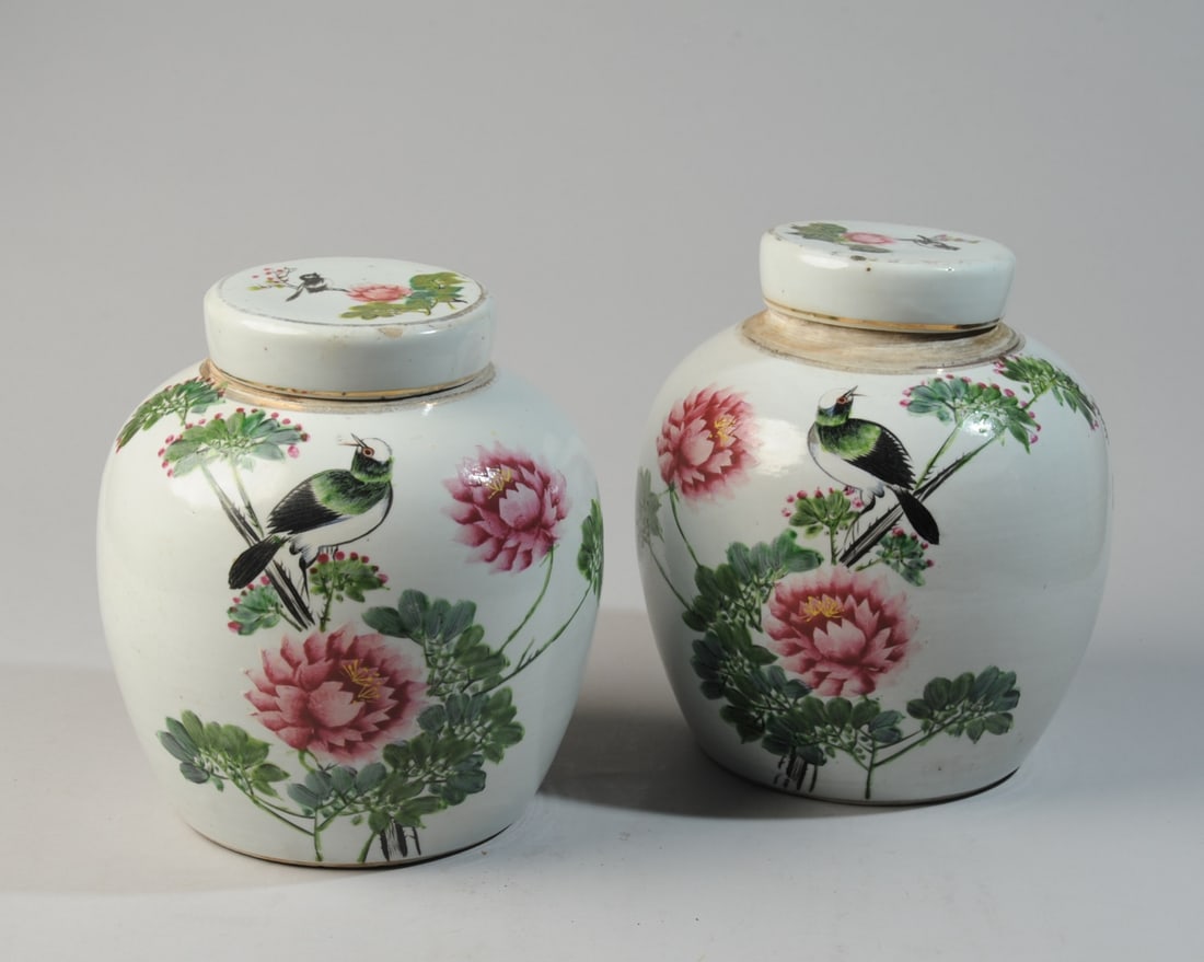 Pair Chinese Qing or Republic Bird & Flower Jars: Pair of mirror-matched porcelain jars decorated in famille rose enamels with images of magpies among peonies. One side with long calligraphic inscription which roughly translates: 'May you attract wea