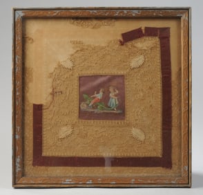 19th C. Painted Linen & Lace Textile, Framed