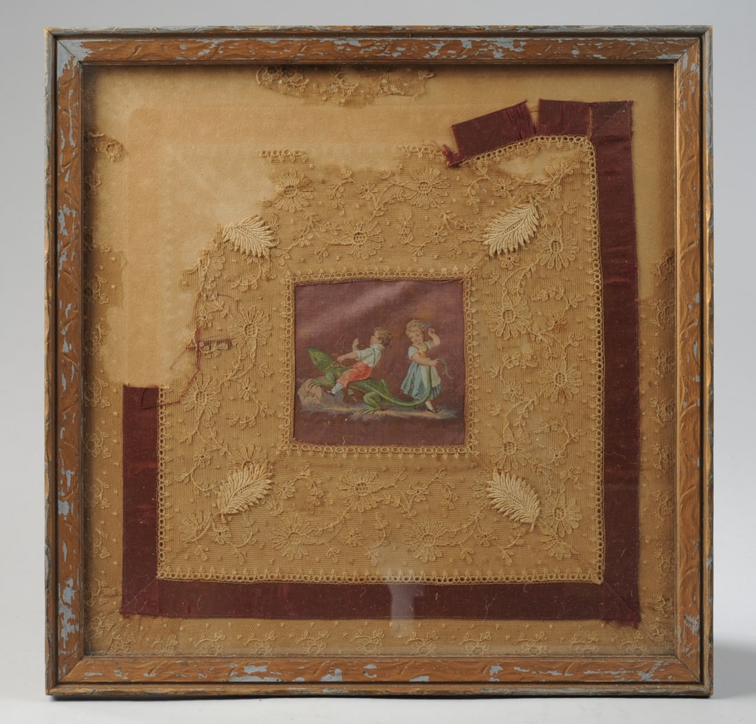 19th C. Painted Linen & Lace Textile, Framed (1 of 4)