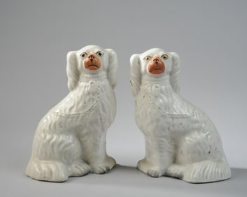 Pair of Antique Staffordshire Spaniel Mantel Dogs
