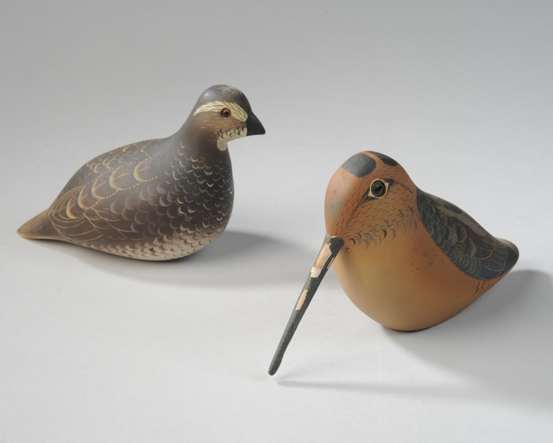Carved & Painted Woodcock and Quail: Woodcock marked to underside for The Decoy Shop (Maine). Woodcock: approx. 7" x 4" x 2 1/4". Quail: approx. 6" x 4" x 2 1/2". Our primary recommendation is to arrange shipping yourself using Blue Ridg