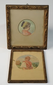 Two Late 19th C. Framed Oval Watercolors of Women