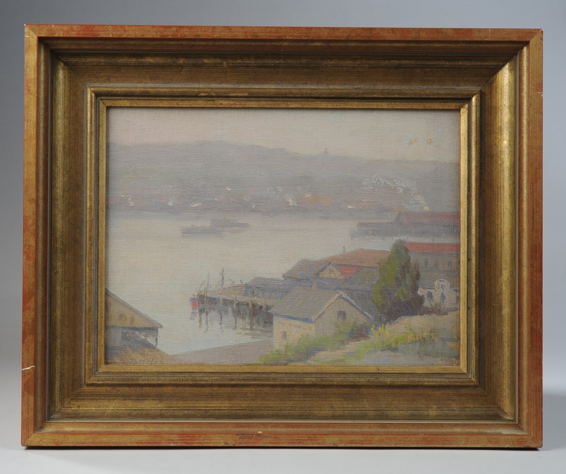 Mabel R. Welch (American, 1871 - 1959): Oil on canvas entitled "Gray Morning", showing a misty harbor scene with smoking chimneys, wharf buildings, ships, and with hills in the background. Signed lower left: M. R. Welch. Verso has original 