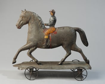 Antique Tin Horse & Rider Pull Toy on Wheeled Base