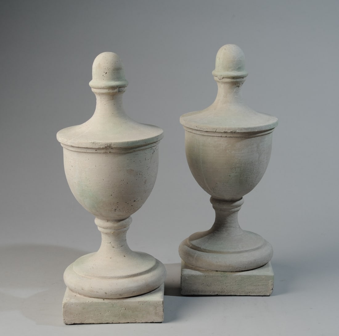 Pair of Urn-Form Garden Ornaments: Plaster, some chips / cracks. H: approx. 14". Our primary recommendation is to arrange shipping yourself using Blue Ridge Pack & Ship. Most bidders find this is the most economical route. Simply reach