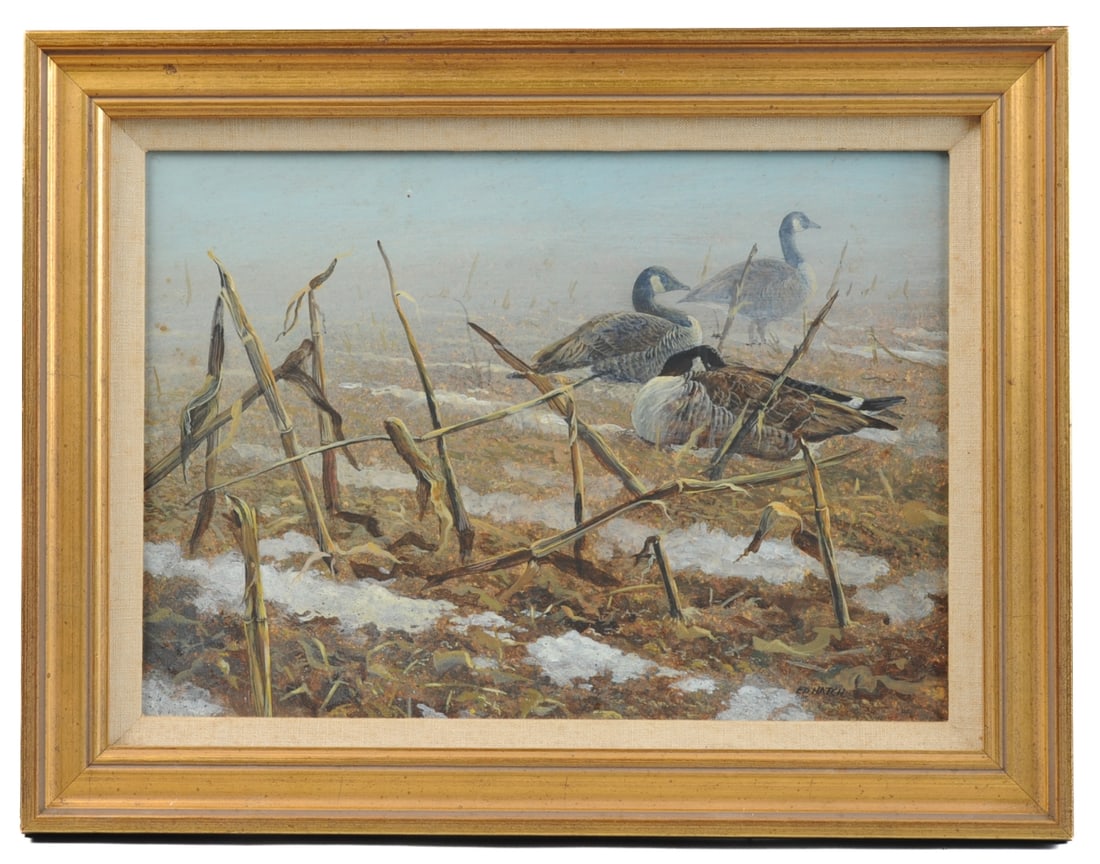Ed Hatch (Virginia, 20th C.) Oil on Panel: Oil painting of three Canadian geese in a snowy field, by Virginia artist Ed Hatch. Signed lower right, dated (19)85. Frame, approx. 17 1/4 x 13 1/4". Sight, approx. 13 1/2" x 9 1/2". Our primary reco