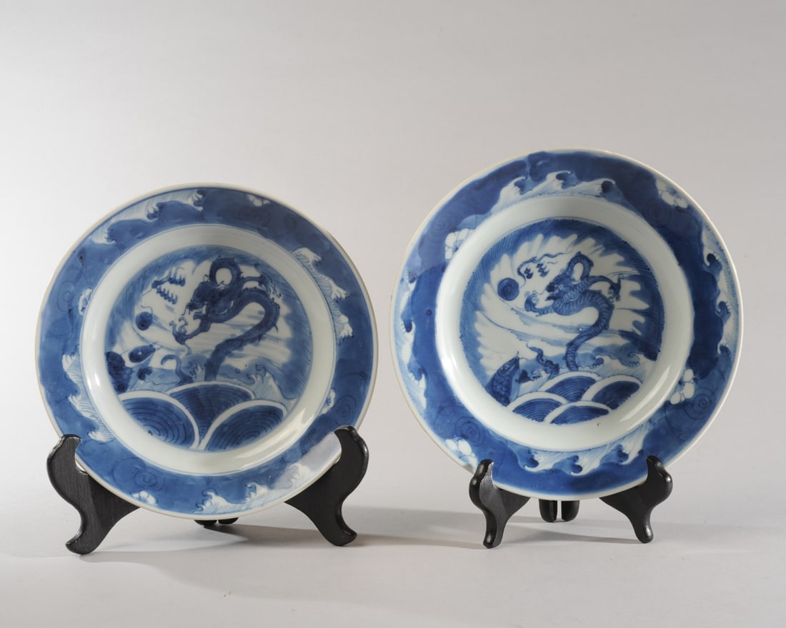 Pr. Chinese Blue & White Dragon & Carp Plates (1 of 6)