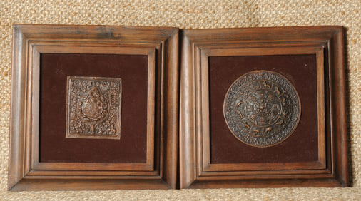 Pair Framed Tibetan Copper Devotional Plaques