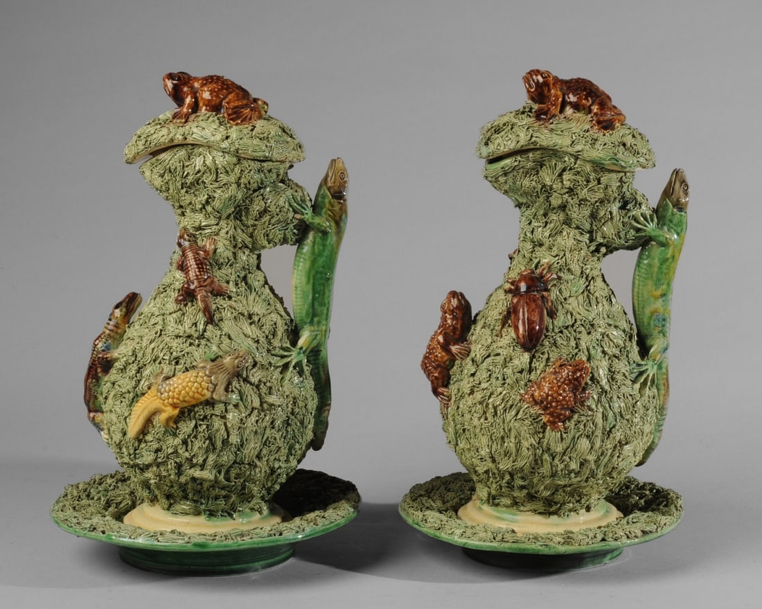 Pair Mafra Palissy Ware Ewers w/ Covers and Stands (1 of 10)