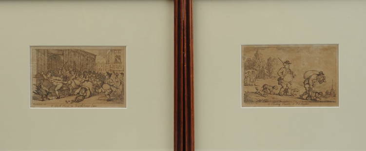 Thomas Rowlandson, 4 Satirical Sporting Engravings: Thomas Rowlandson (1757-1827, English) satirical engravings, all illustrations from the 1809 book, "Advice to Sportsmen" by Marmaduke Markwell, (pseudonym.) Captions are: "A Shooting Parson or Pot