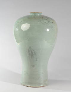 Large Korean Celadon Meiping Vase: With Goryeo style inlaid decoration of trees and flowers. Korean inscription to base translates: Baeksaeng. 20th C. Minor wear to glaze at rim. No chips, cracks or repairs. Approx. 16 1/2" H x 10"