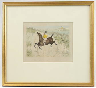 After Henry Thomas Alken (English, 1785-1851): Six identically framed, hand-colored humorous equestrian lithographs from the series "Sporting Notions", c. 1850, after the English artist and caricaturist Henry Thomas Alken. Gilt frames, approx. 13