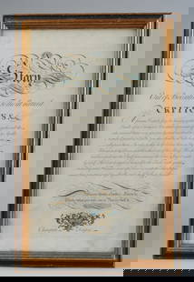 George Bickham, 4 Engravings, Universal Penman: Set of four framed hand-colored copperplate engravings on laid paper from the 1741 copybook, "The universal penman, or, The art of writing made useful to the gentleman and scholar, as well as the man