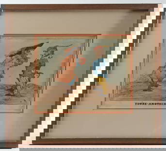 19th C. Satirical Cartoon, Original Art: Ink and watercolor on paper satirical cartoon showing a monkey dressed as an 18th C. French aristocrat, confronting another monkey dressed in a commedia dell'art style lower class costume. Beneath