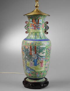 Antique Chinese Canton Enamel Vase as Lamp: Brilliant enamels over copper vase with two 'ear' handles in the form of auspicious bats, the apple-green ground with fruits, flowers and butterflies in famille rose colors, and with reserves with