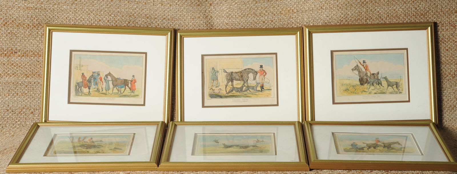 After Henry Thomas Alken (English, 1785-1851): Six identically framed hand colored equestrian lithographs after Henry Thomas Alken, published in London by Thomas McLean, 26 Haymarket St. Five of the prints are captioned with the heading "Coursing"