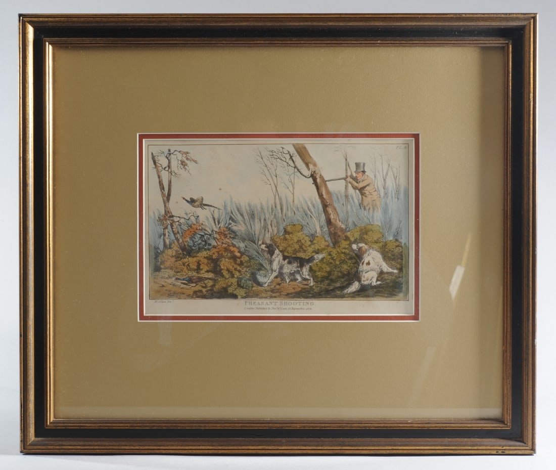 After Henry Thomas Alken (English, 1785-1851): Four identically framed hand colored lithographs after Henry Thomas Alken, published in London by Thomas McLean, 26 Haymarket St., in 1824. Prints are captioned: "Grouse Shooting", "Fowl Shooting", "P