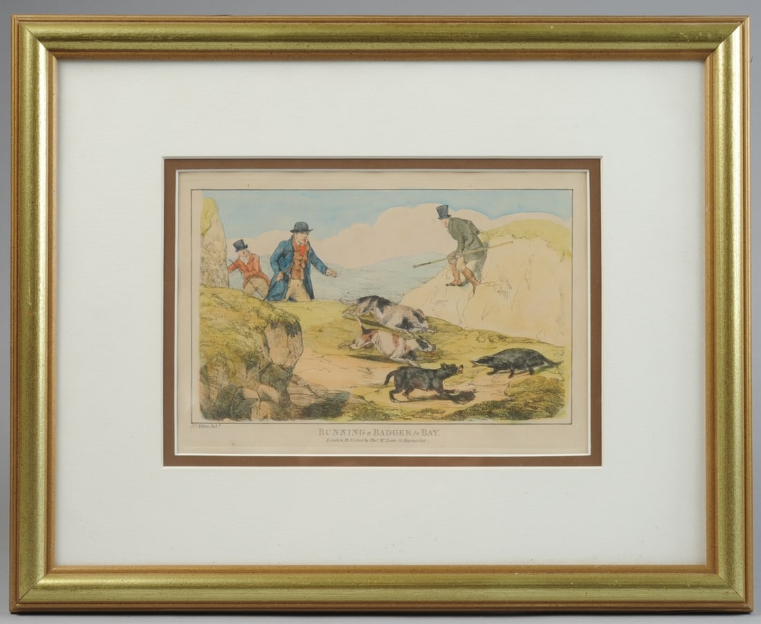 After Henry Thomas Alken (English, 1785-1851): Six identically framed hand colored lithographs after Henry Thomas Alken, published in London by Thomas McLean, 26 Haymarket St. Prints are captioned: "Otter Hunting", "Hunting the Martin", "Running I