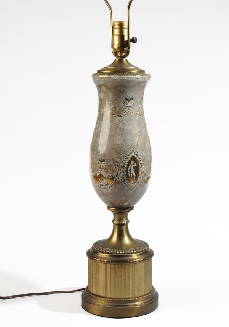 Vintage Eglomise Lamp: Mid 20th C. lamp, the base with vase-shaped glass with reverse-painted and decoupaged verre eglomise decoration featuring shaped medallions with nude neoclassical style men and related borders. Reeded