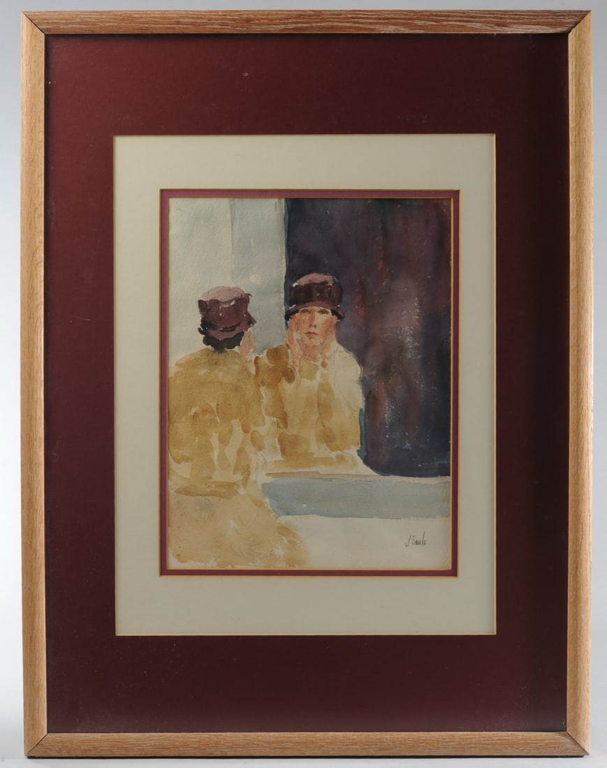Jean Sauls (1921 - 2011, American) Watercolor: Original watercolor on paper by Jean Eyles Lay Sauls, showing a woman in a purple hat looking in the mirror, her hands cupping the sides of her face. Signed lower right. Brief biography on sheet of pa