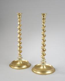 Pr. 19th C English Brass Barley Twist Candlesticks