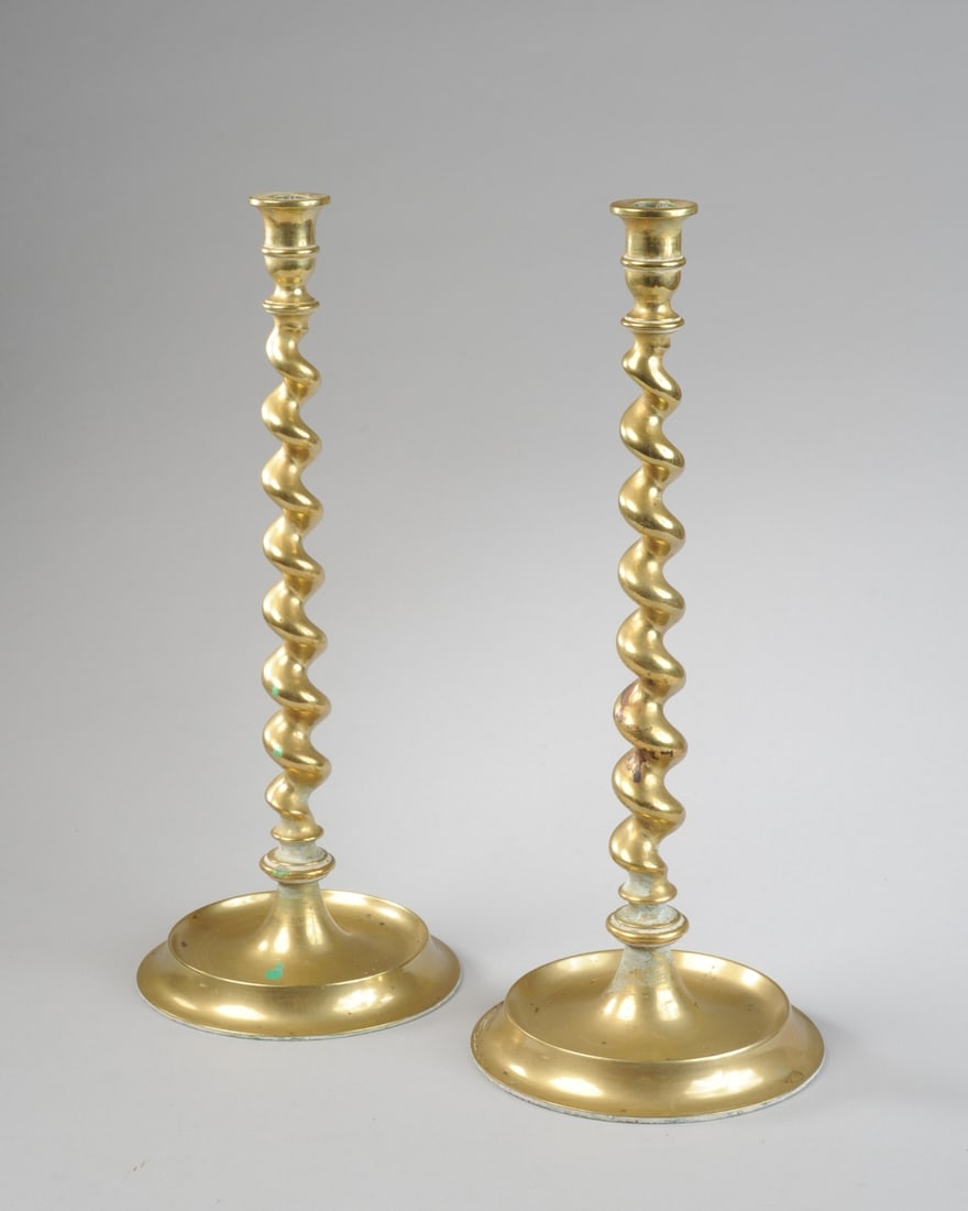 Pr. 19th C English Brass Barley Twist Candlesticks (1 of 6)