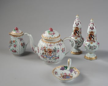 French  Armorial Teapot, Creamer, Mufineers, Dish