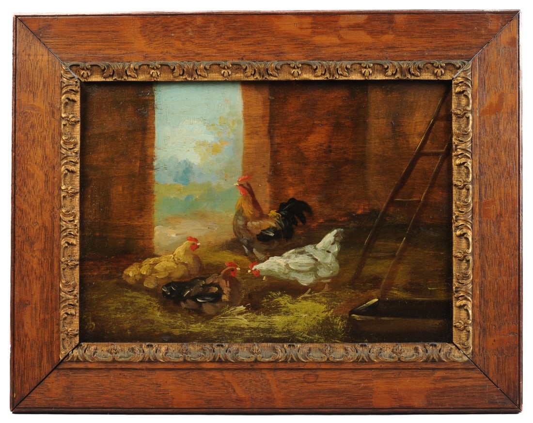 19th C. Oil on Board Painting of Chickens (1 of 4)