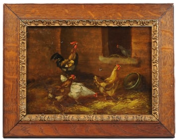 19th C. Oil on Board Painting of Chickens