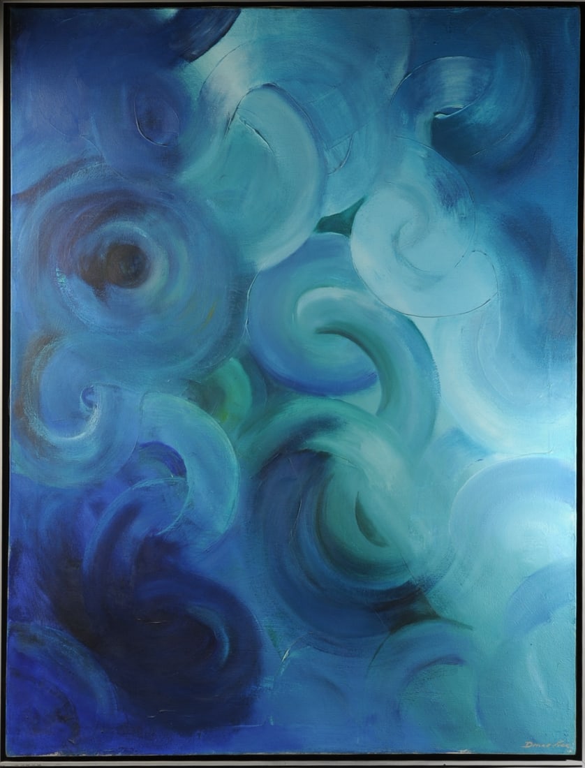 Large Abstract Oil on Canvas: Executed in swirling circular forms in blue, teal, and violet tones.canvas is stapled to a wooden stretcher and housed in a thin wood frame. Inscription along the canvas edge reads “Donna Fin…&rdq