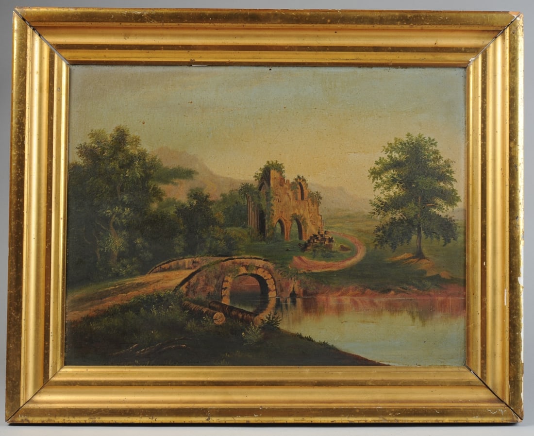 19th C. English Folk Art Landscape Painting: Landscape with ruins, stone bridge. Oil on artists board. In period gilt frame. No signature found. Minor losses to gilt surface of frame at edge. Frame, approx. 18 1/2" x 23". Sight, approx. 13 1/2" 