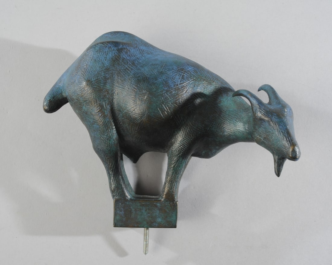 Patinated Bronze Figure of a Goat: Bronze billy goat with blue patina. Screw to attach to original base is still present but base is missing. No signature found. Approx. 6 1/2" x 3" x 5" H. (height including protruding screw.) Our prim