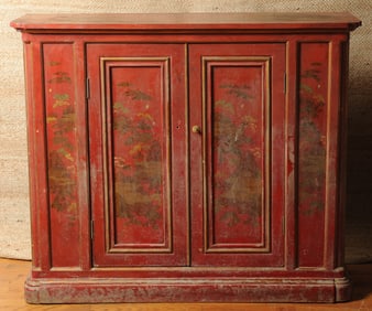 Red Lacquer Chinoiserie Decorated Console Cabinet