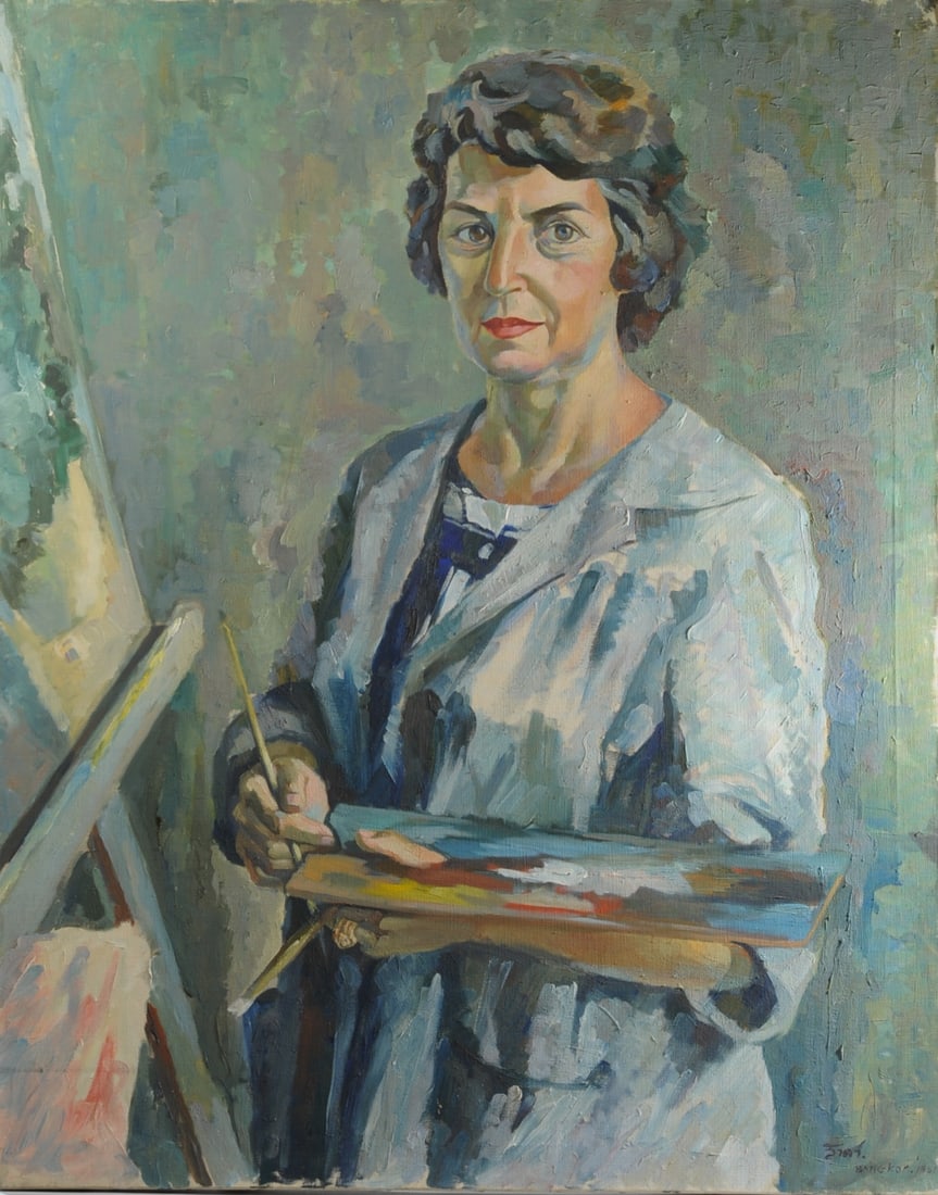 Oil on Canvas Signed Portrait of an Artist: Possibly self portrait, illegibly signed lower right (F. Sloop or Sloot?), Bankok 1961, unframed. Approx. 40" x 32". Our primary recommendation is to arrange shipping yourself using Blue Ridge Pack & 