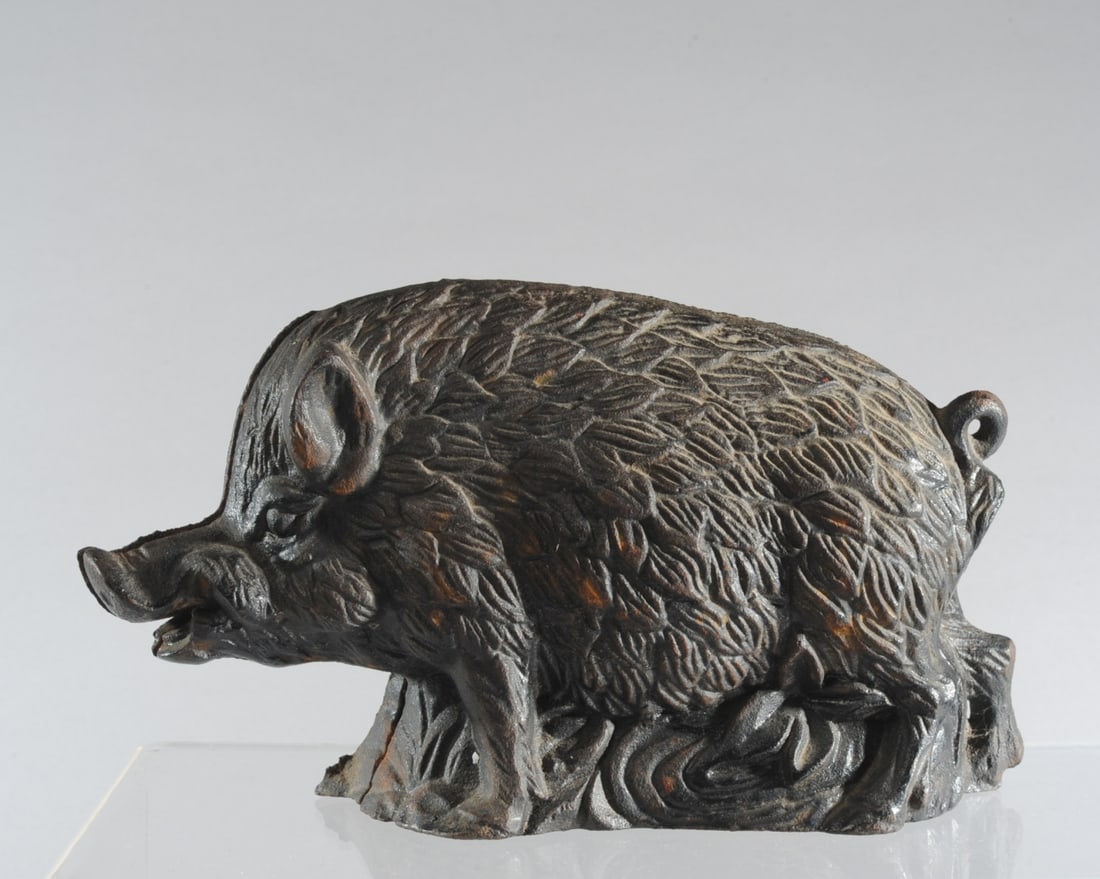 Cast Iron Wild Boar Bank, A.C. Williams?: No visible maker's marks. H: approx. 5 1/4". L: approx. 9". D: approx. 2 1/2". Our primary recommendation is to arrange shipping yourself using Blue Ridge Pack & Ship. Most bidders find this is the mo
