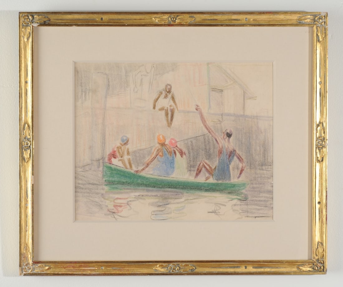 Edmund Marion Ashe (1867–1941) Pastel on Paper: Pastel on paper study by Edmund Marion Ashe, reflecting his work during the Charleston Renaissance period. Shows a group in a canoe with a diver above, rendered in Ashe’s loose, expressive style. Fr