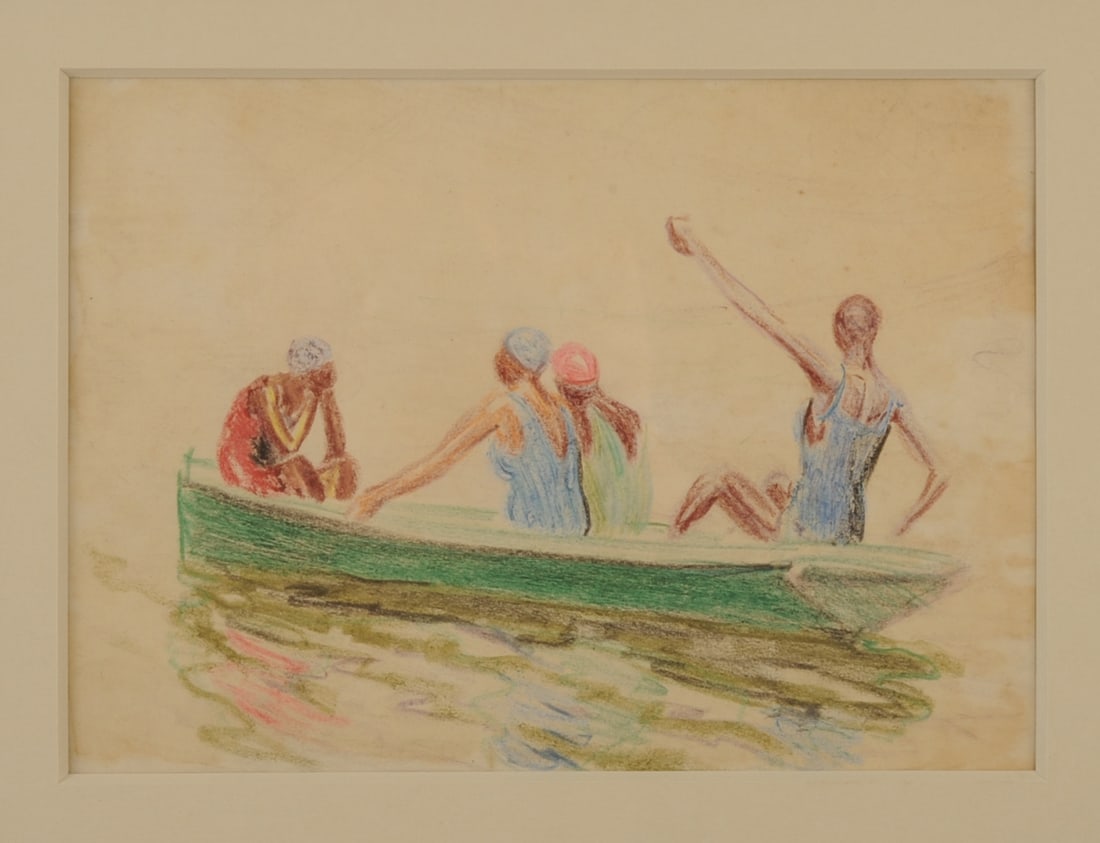 Edmund Marion Ashe (1867–1941) Pastel on Paper: Pastel on paper study by American artist Edmund Marion Ashe, reflecting his work during the Charleston Renaissance period. Depicts three figures seated in a canoe, drawn with the same loose, expressiv
