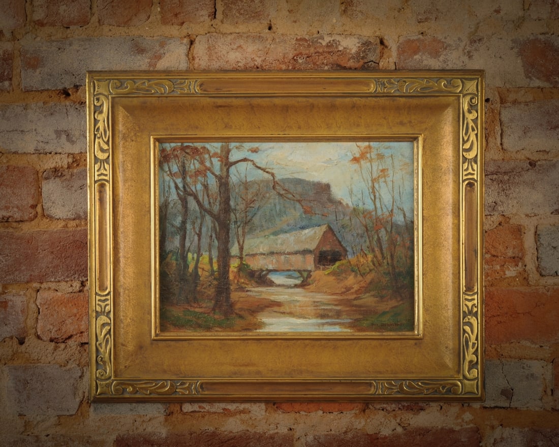 Don Donaldson Oil on Board, "Paint Creek": Oil on board of a covered bridge in a wooded landscape, signed lower right. Salmagundi Club “Thumb-Box Exhibition” label affixed verso, listing the artist as Don Donaldson and the title as Pai