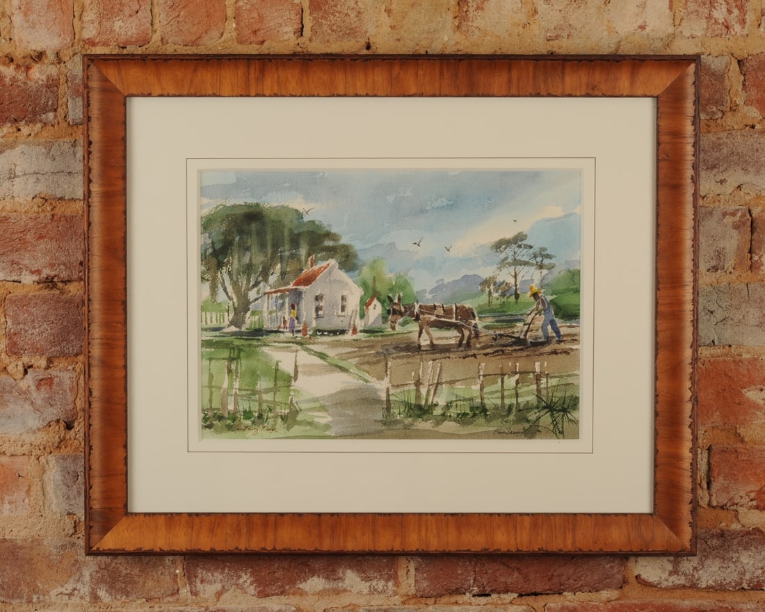 Elmer Zarney (1922-2007) Watercolor on Paper: Watercolor on paper by American artist Elmer Zarney. Titled lower left "Planting Time," signed lower right. Framed and matted. Frame approx. 23 1/4" x 19". Visible image approx. 14 1/2" x 10". Our pri