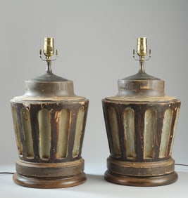 Pair of Carved Wood Neoclassical Column-Form Lamps