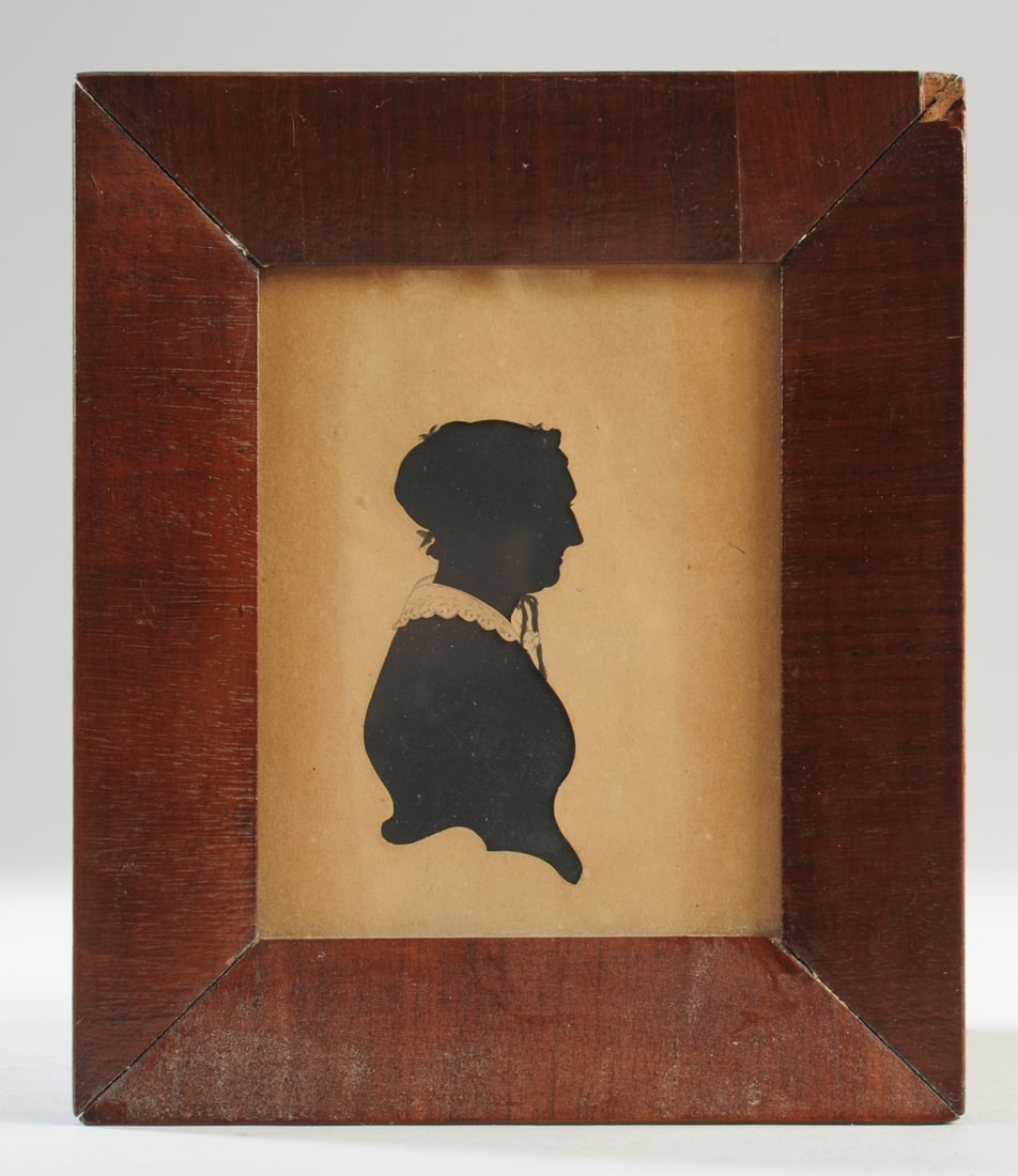 19th C Hollow-Cut Silhouette of a Lady: 19th century hollow-cut silhouette of a lady in period frame. Chip to right top corner of frame. Frame approx. 6 1/8" x 5 1/4". Visible image 4"x 3". Our primary recommendation is to arrange shipping 