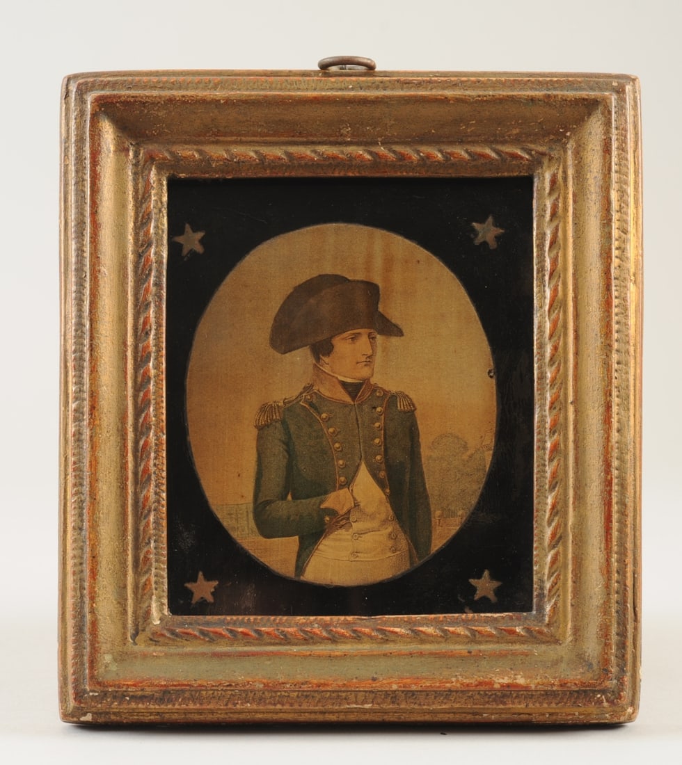 Portrait Miniature of Napoleon in Borghese Frame: Engraved portrait miniature of Napoleon Bonaparte in gilt Borghese frame. Frame approx. 8" x 7 1/4". Visible image approx. 5 1/2" x 4 1/2". Our primary recommendation is to arrange shipping yourself u
