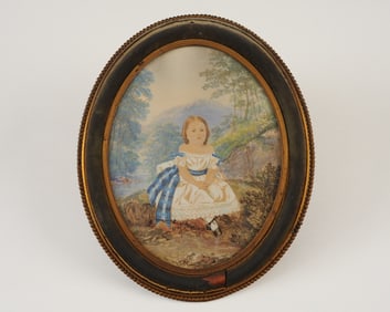 19th C Watercolor Portrait of a Young Girl