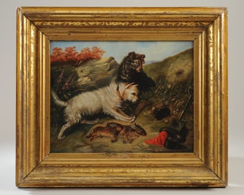 19th C oil on Canvas Two Terriers Flushing Rabbits