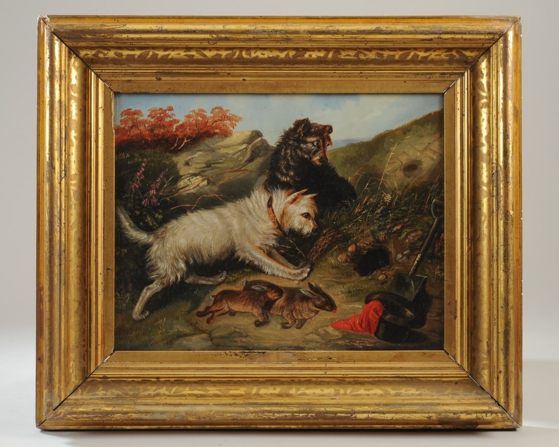19th C oil on Canvas Two Terriers Flushing Rabbits (1 of 6)