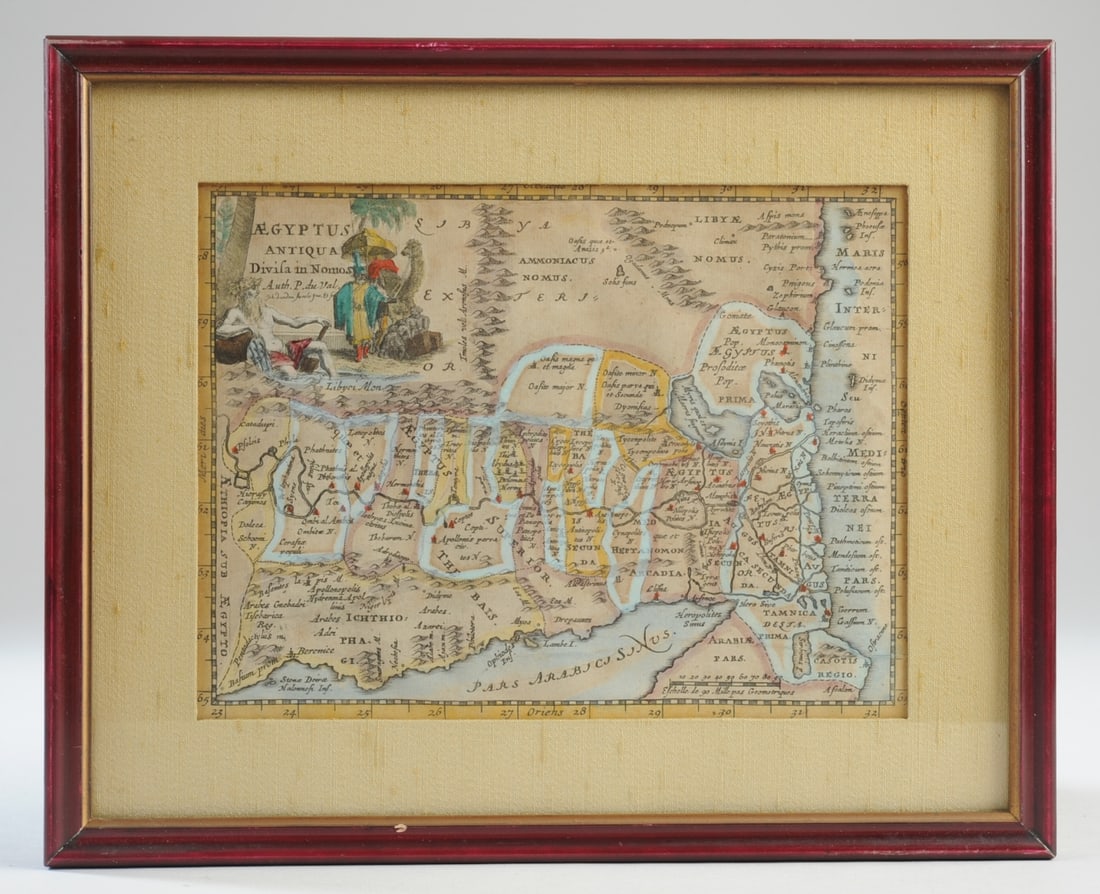 Aegyptus Antiqua Divisa in Nomos: Copper-engraved 17th century map with original hand color, showing ancient Egypt divided into its nomes along the Nile. Decorative cartouche at upper left with reclining river god and the imprint “A