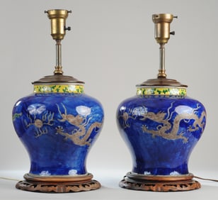 Pair Chinese Porcelain Dragon Jars, Lamped