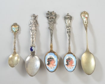 5 Sterling Silver Enamel Decorated Spoons