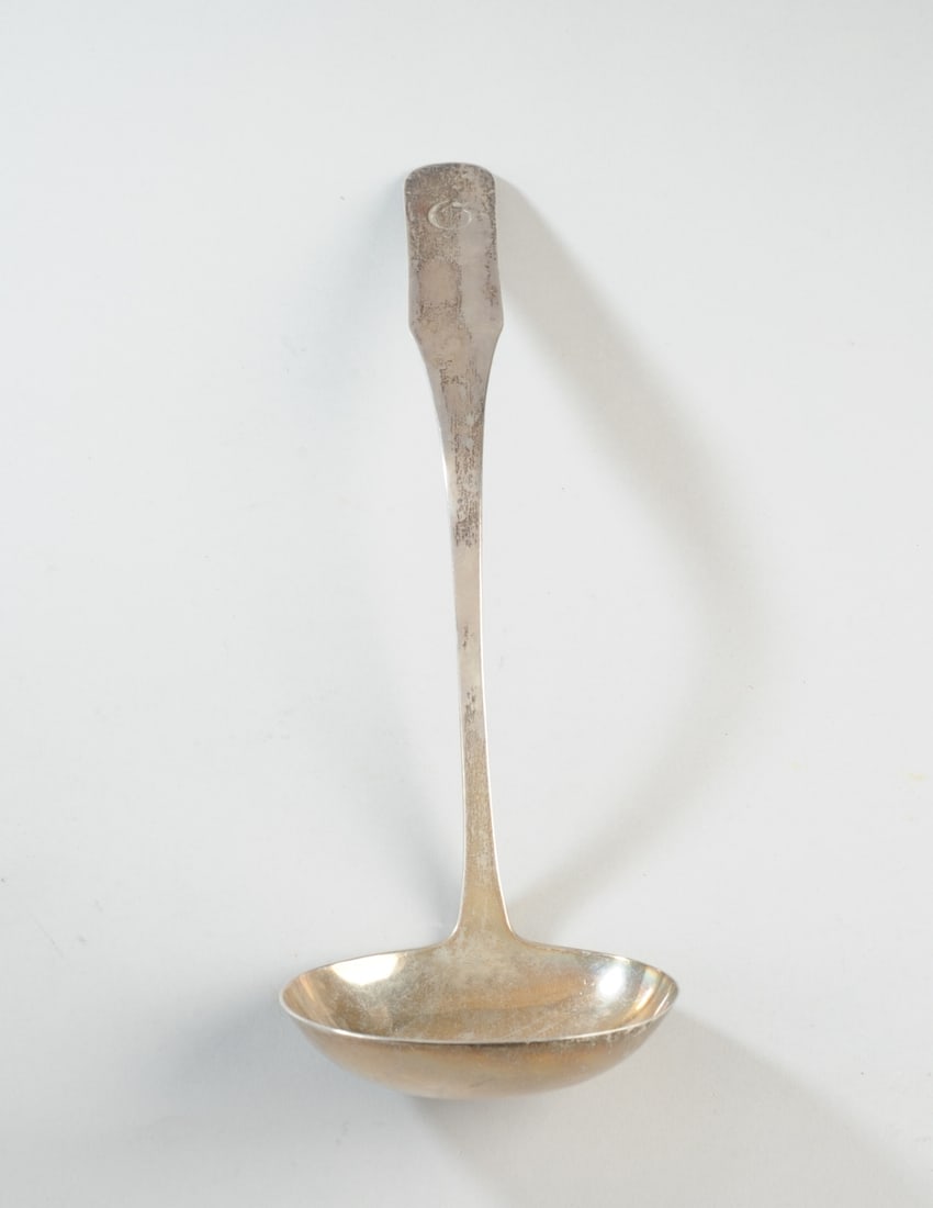 Johnson & Reat Richmond, VA Coin Silver Ladle: Circa early 19th century, monogrammed, marked to back of handle, some small minor nicks / sharp spots to bowl rim. L: approx. 13". Weight: approx. 5.81 ozt. Provenance: The estate of Alexander “Sand