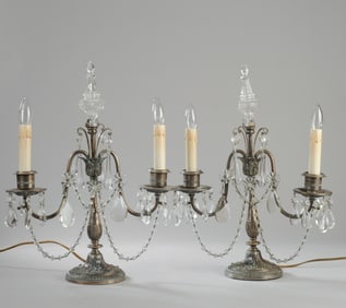 Pair 2-Light Silverplate & Crystal Candle Lamps